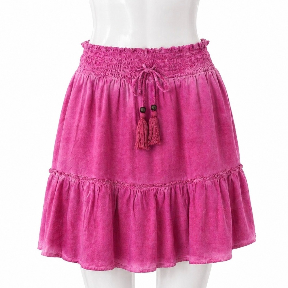 Pilcro Anthropologie‎ Pink Smocked Tiered Skirt Women's Medium Pink Tassels
